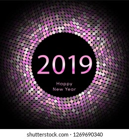 Pink discoball New Year 2019 greeting poster. Happy New Year circle disc with particle. Glitter gray dot pattern. Vector illustration