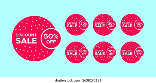 pink discount sale off badge 50, 20, 40, 30, 60, 70, 80 percent tag set