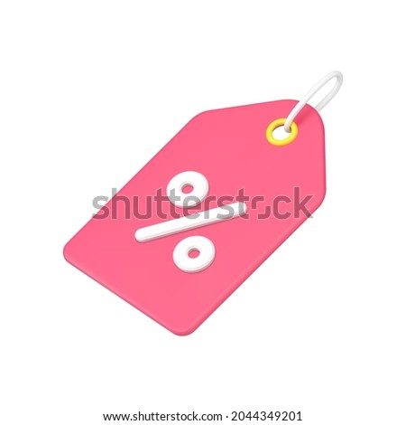 Pink discount tag 3d icon. Percent coupon with marketing sale tag. Volumetric symbol with commercial promotion. Holiday sales and bonuses. Business proposal label. Minimalistic isolated vector
