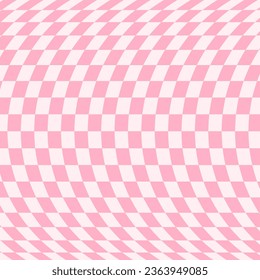 Pink distorted checkerboard background. Retro psychedelic checkered wallpaper. Wavy groovy chessboard surface. Trippy twisted geometric pattern. Abstract vector backdrop