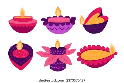 rosafarbene Diwali-Lampen, Vektorflachset. Flat Diwali Festival Deepak Diya Lampen Set