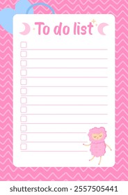 Pink to do list with lamb with waves background. Stock vector illustration in flat cartoon style. Cute child note template.