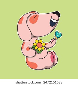 a pink dog with a flower and a butterfly on it