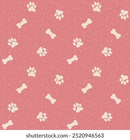 Pata de cachorro rosa e osso vetor sem emenda padrão de fundo. Fundo canino diagonal divertido com ossos. Os rastros de animais e a comida repetem para cães fêmeas e produtos para animais de estimação. Pequenos elementos em toda a impressão.