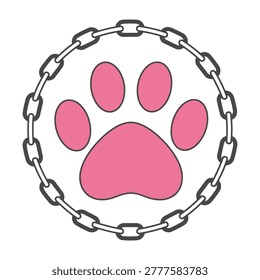 A pink dog paw print surrounded by a chain link fence on a white background, symbolizing pet care and animal love