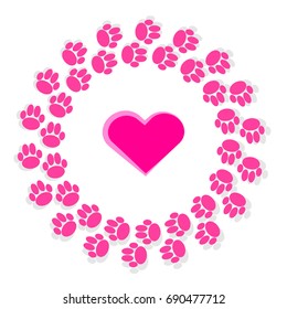 Pink dog paws in ring  with heart on white background. Vector illustration.