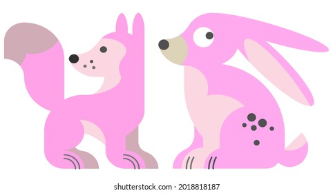pink dog and rabbit, on white background, cartoon dog and rabbit comic, cute dog and rabbit