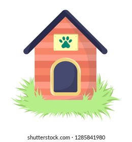 Pink doghouse isolated on white background. Cartoon style, children's print, pets