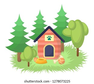 Pink doghouse on the background of trees. Dog toys, pets. Cartoon style, children's print