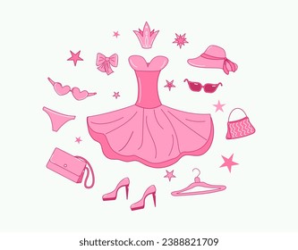 Pink doll accessories and clothes. Pink fashion set. Suit, dress, shoes, hat. Vector illustration, isolated white background.