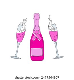 Pink Doll champagne and glasses vector illustration. Pinky Girlish New Year vibes pre-made card