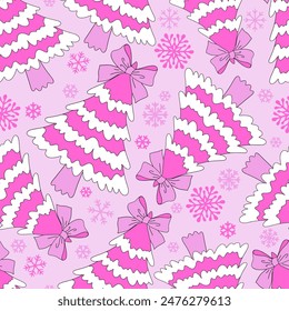 Pink Doll Christmas tree with bow vector seamless pattern. Pinky Girlish Xmas vibes background.