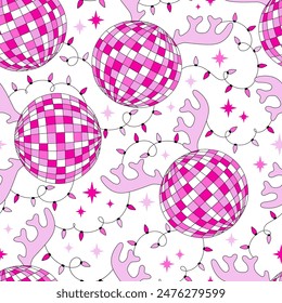 Pink Doll Disco ball with deer horns and garland vector seamless pattern. Pinky Girlish Xmas vibes background.