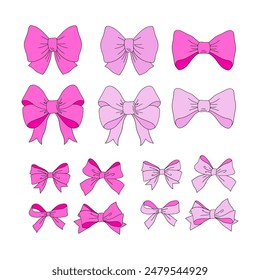 Pink Doll festive bow vector clip-art set isolated on white. Pinky Girlish Xmas vibes illustration