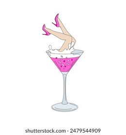 Pink Doll flirty legs in classy high heels shoes in Martini cocktail vector illustration. Pinky Girlish New Year vibes pre-made card