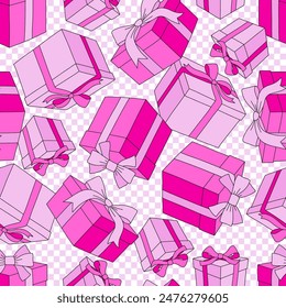 Muñeca rosa caja de regalo Vector sin patrón. Pinky Girlish Navidades vibraciones de fondo.