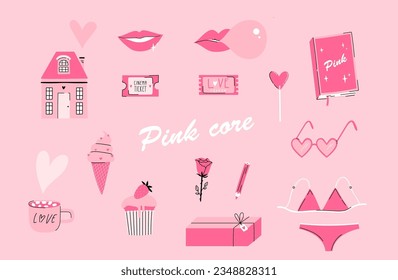 Pink doll girly items set. Popular vector collection, vector illustration. Glamorous trendy pink stickers set. Nostalgic pinkcore 2000s style collection bundle. Isolated glamour fashion elements