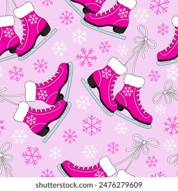 Pink Doll ice skates vector seamless pattern. Pinky Girlish Christmas vibes background.