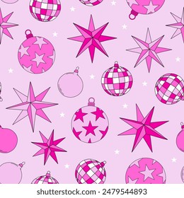 Pink Doll Party ball decoration vector seamless pattern. Pinky Girlish New Year vibes background.