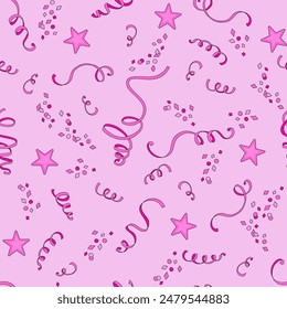 Pink Doll Party Confetti vector seamless pattern. Pinky Girlish New Year vibes background.
