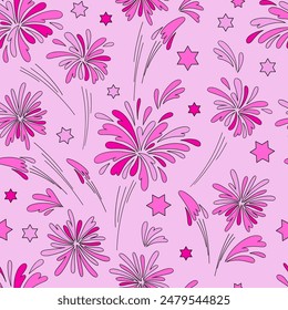 Pink Doll Party firework vector seamless pattern. Pinky Girlish New Year vibes background.