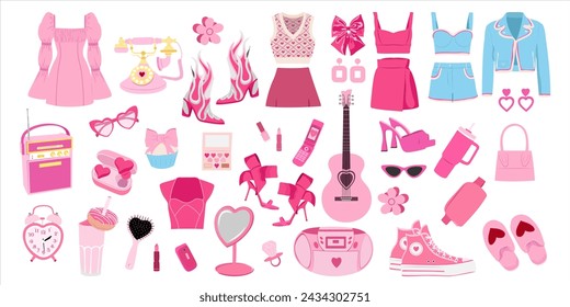 Pink doll set with clothes, shoes and accessories. 