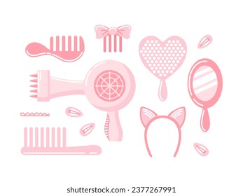Pink doll set of hair styling accessories. Various vintage hairdressing equipment. Hair dryer, comb, hair clips in flat style. Combs and brushes. Headband with cat ears, mirror. Beauty salon concept