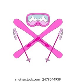 Pink Doll Ski equipment vector illustration. Pinky Girlish Xmas vibes pre-made card