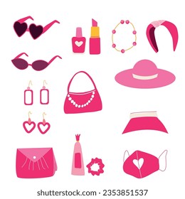 pink doll y2k stickers, retro glamour set in 2000s style. Pink y2k fashion elements - clothes, accessories, jewelry. Romantic girls collection.