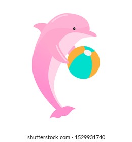 Pink dolphin with a ball. Vector illustration isolated on white background