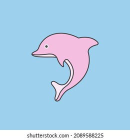 Pink dolphin cute vector isolated on blue background. 