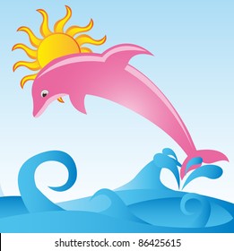 pink dolphin with sea and sun over sky background. vector