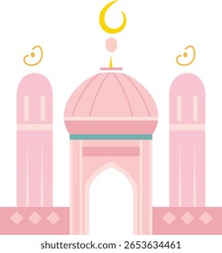 Mesquita da cúpula rosa com lua crescente e minaretes em tons suaves, simbolizando a paz e as bênçãos sagradas durante o Eid e o Ramadã.