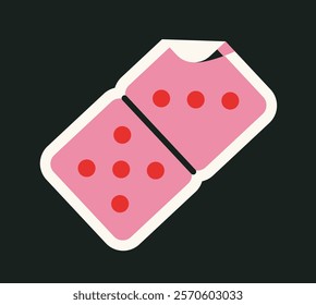 Pink domino piece with six red dots, stylized with bold outlines on a black background. Creative and playful design concept. Vector illustration