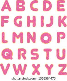 Pink Donut Alphabet Vector Illustration on white background. Bakery sweet alphabet Glazed Donut Font. The concept for the bakery, or holiday sweets.To create a logo or name