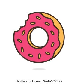 A pink donut with a bite taken out of it.