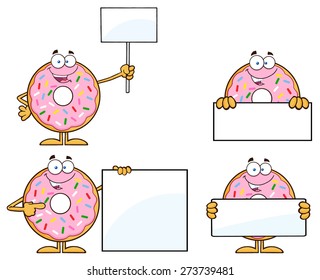 Pink Donut Cartoon Character With Sprinkles 5. Vector Collection Set Isolated On White