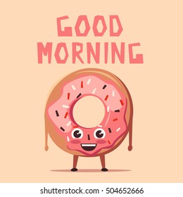 Pink donut character. Cartoon vector illustration. Good morning. Sweet bakery. Vintage style
