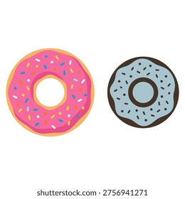 Pink donut and chocolate donut dessert vector set illustration
