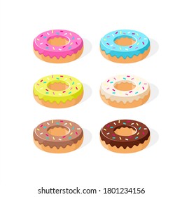 Pink Donut, Chocolate Donuts, Lemon, Vanilla And Blue Mint Donuts  On White Background.  Vector Illustration