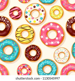 Pink donut, chocolate donut, lemon, white and blue mint donuts with multicolored sprinkles. Seamless pattern