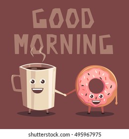 Pink donut and coffee character. Cartoon vector illustration. Friends. Good morning. Sweet bakery. Vintage style