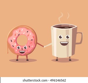 Pink donut and coffee character. Cartoon vector illustration. Friends. Good morning. Sweet bakery. Vintage style