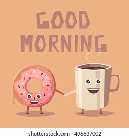 Pink donut and coffee character. Cartoon vector illustration. Friends. Good morning. Sweet bakery. Vintage style