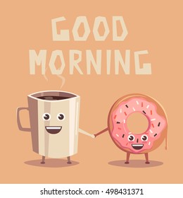Pink donut and coffee character. Cartoon vector illustration. Friends. Good morning. Sweet bakery. Vintage style