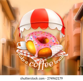 Pink donut and cup of coffee, awning over entrance, promotional outdoor sign, street background, poster in vector, invitation to a break, lunch time, advertising signboard for cafe and coffee shops