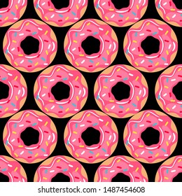  Pink donut with different topping on black background. Seamless pattern for fabric, wrapping, wallpaper. Decorative print.