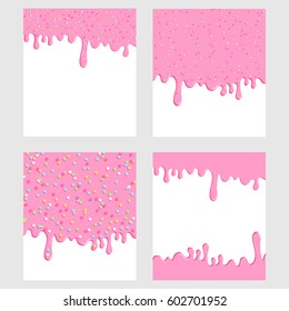 Pink donut glaze background set. Liquid sweet flow, tasty dessert topping with colorful stars and sprinkles. Ice cream drips. Vector illustration.