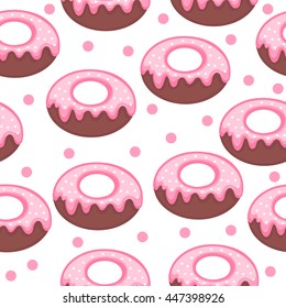 Pink donut glaze and powder seamless texture. Doughnut background. Baby, Kids wallpaper and textiles. Vector illustration