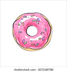 Ilustración vectorial dibujada a mano de donut rosa aislada en blanco
